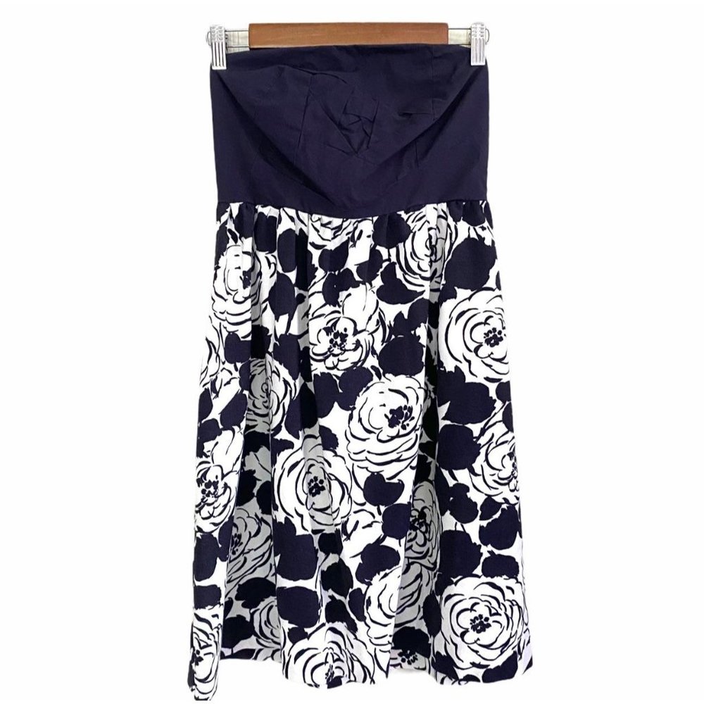Deletta Anthrologie Women's Blue White Strapless Floral Fit Flare Dress Small